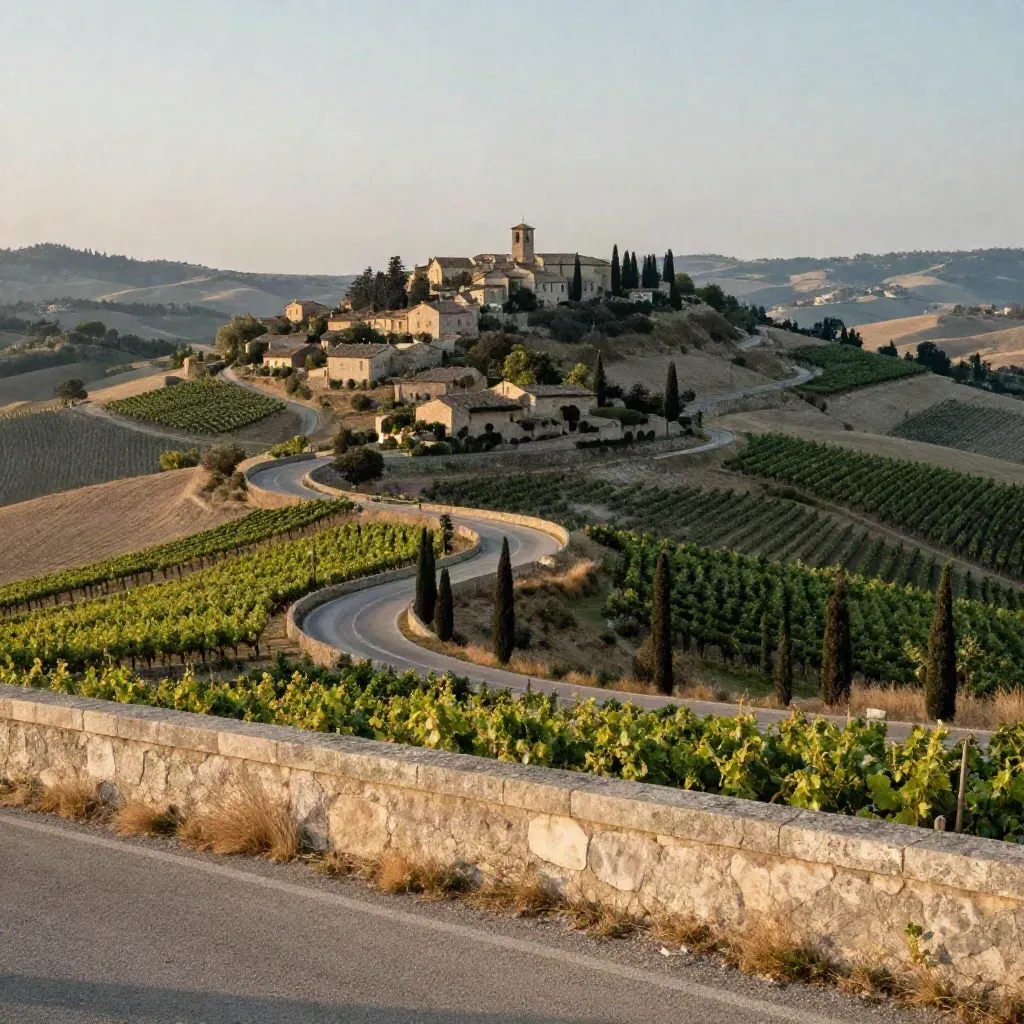 Strada di campagna tra colline, vigneti e un borgo lontano nella foschia serale.