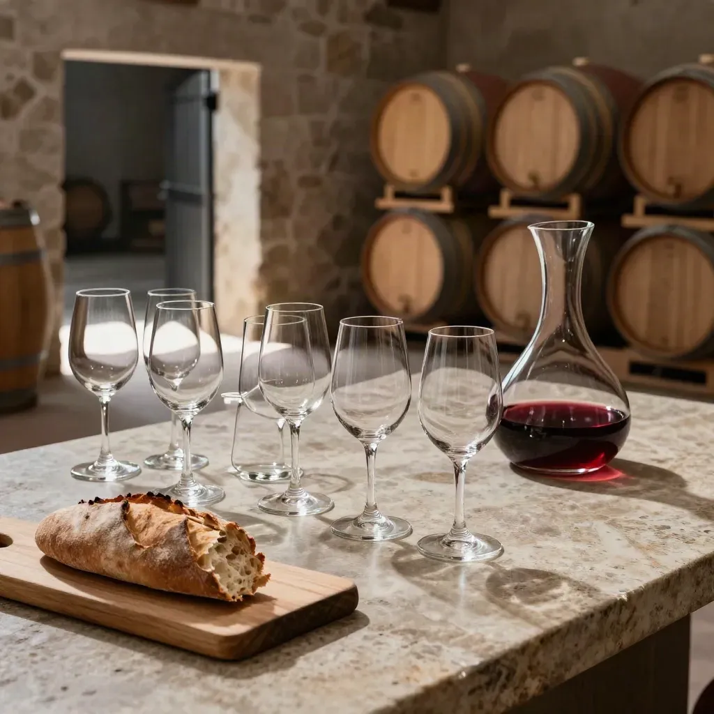 Calici da degustazione in una cantina di pietra, con bottiglia, pane e botti sullo sfondo