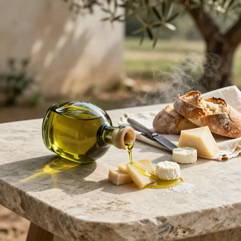 Cruet di olio EVO, pecorini, caciotte e pane caldo su tavolo di pietra