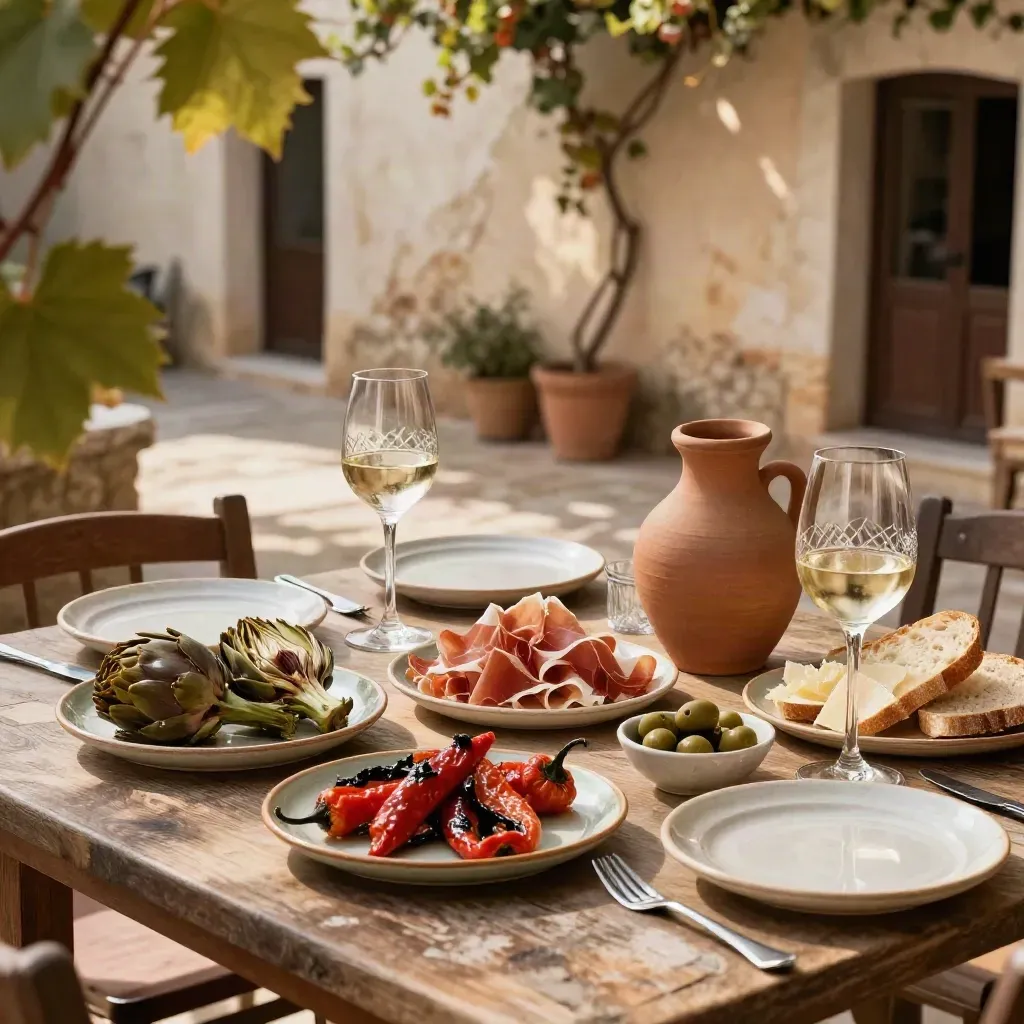 Antipasto regionale e calici su terrazza rustica con luce calda e viti sullo sfondo
