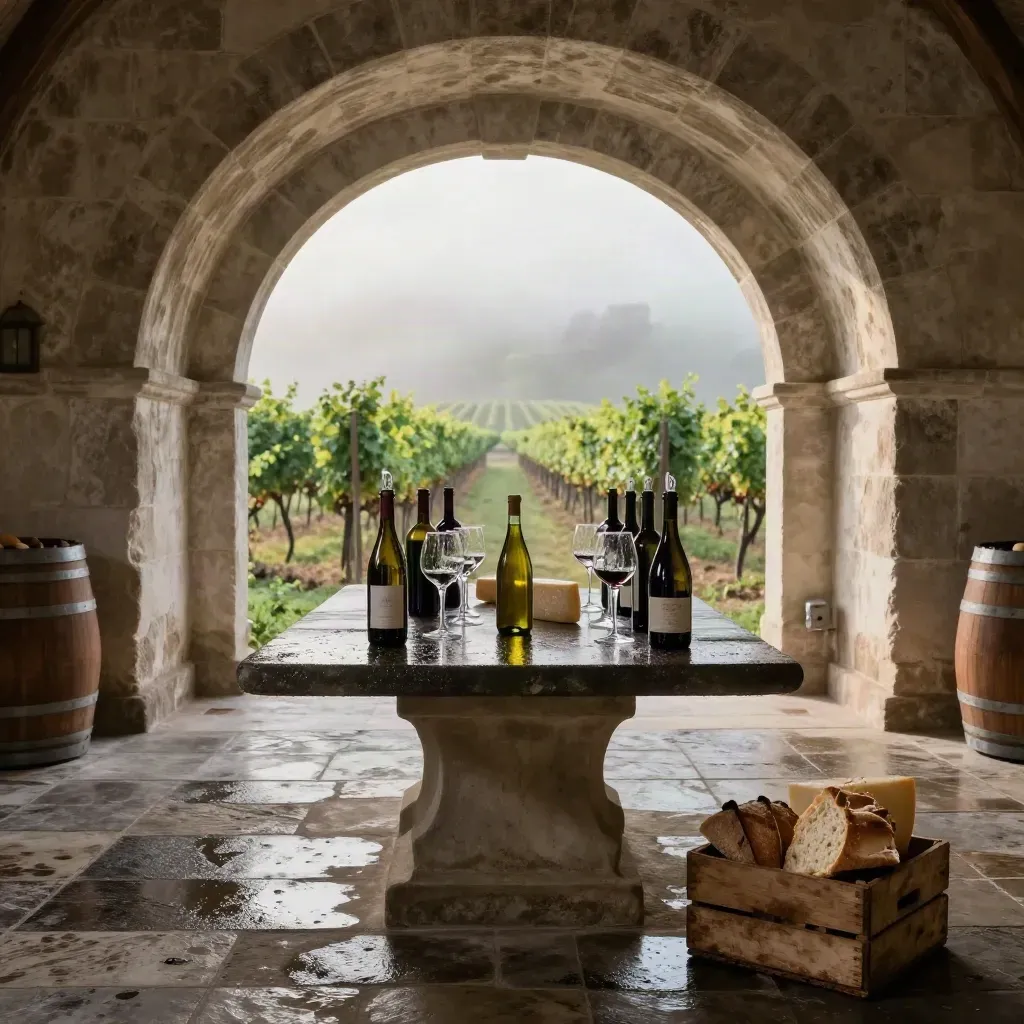 Cortile toscano con tavolo di pietra, bottiglie di vino, formaggi, pane e casse nel mattino umido.
