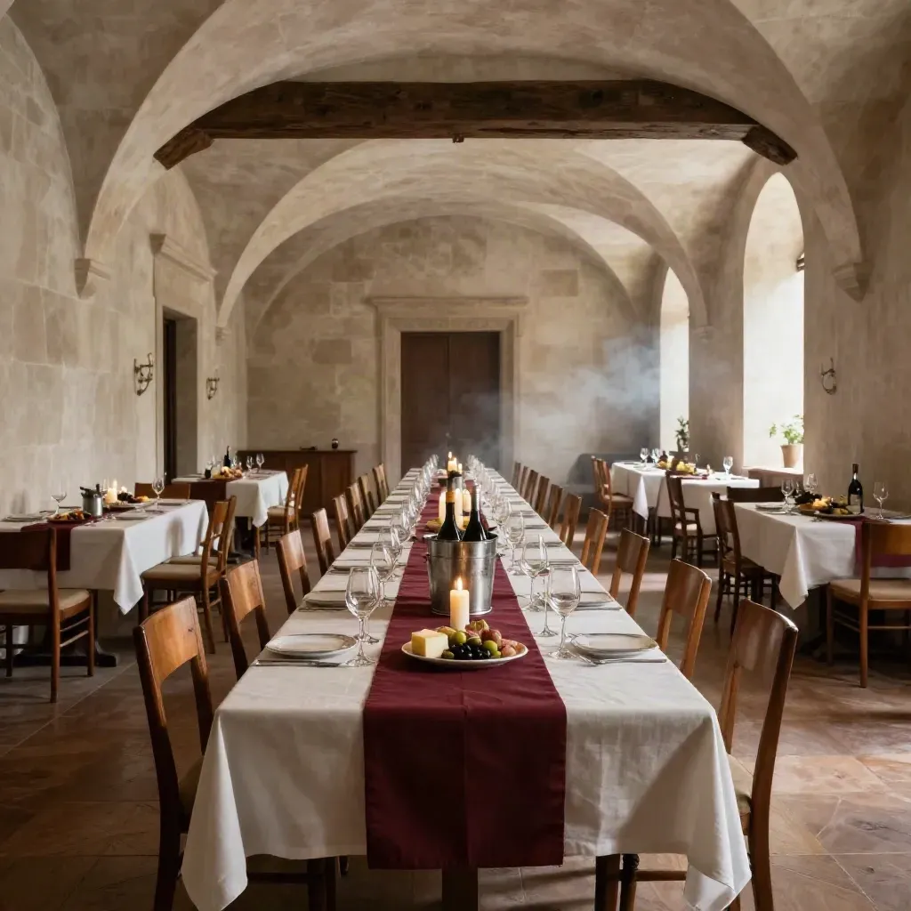 Sala da pranzo privata in palazzo storico, tavoli lunghi, candele e calici pronti per un evento