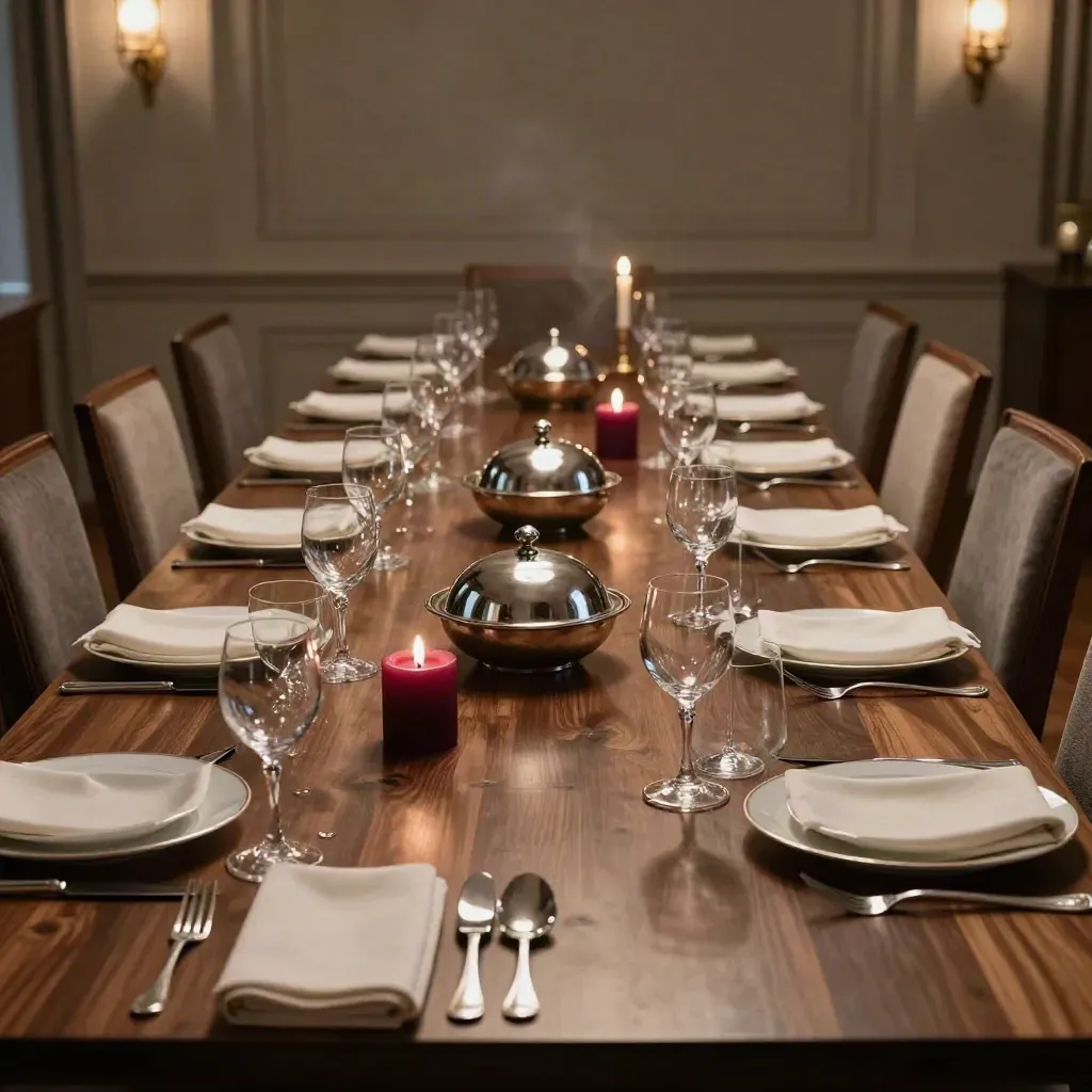 Tavola aziendale elegante a Torino, con candele e calici di cristallo in una sala raffinata.