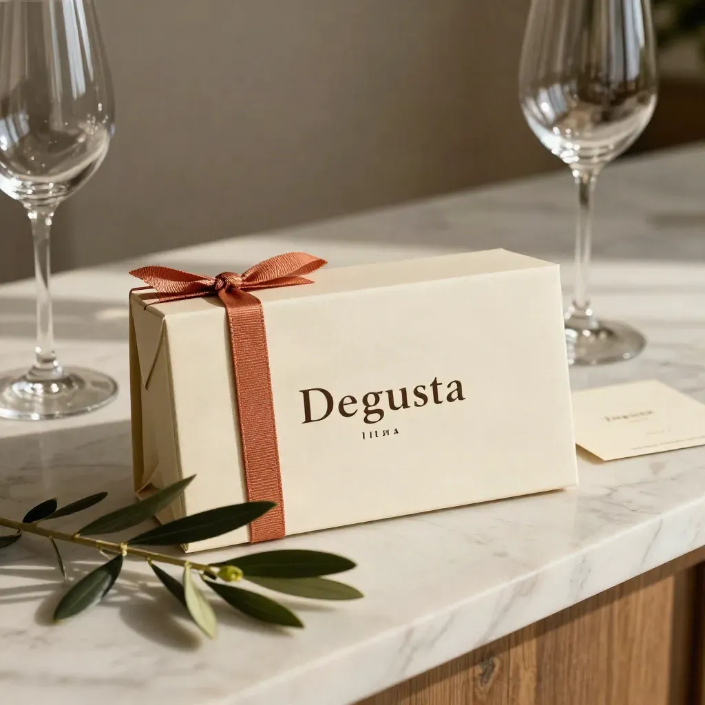 Scatola regalo crema con nastro terracotta, calici e ramoscello d’olivo su consolle in marmo.
