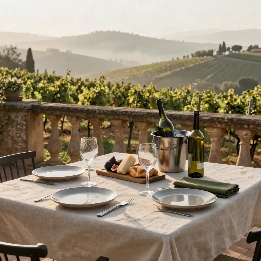 Terrazza toscana pronta all’arrivo con due coperti, bottiglie fresche e vigneti nella foschia