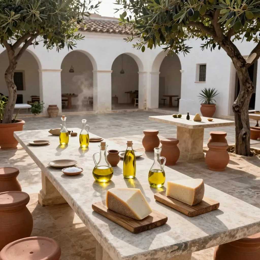 Cortile di masseria con olio, pecorino e tavola in pietra, pronto per la degustazione
