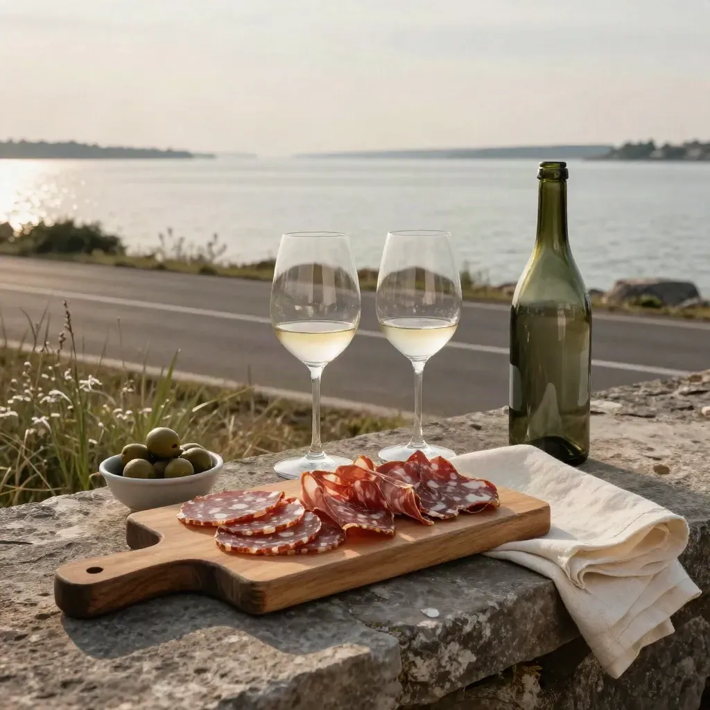 Tagliere di salumi e calici di vino su sosta stradale veneziana con laguna sullo sfondo