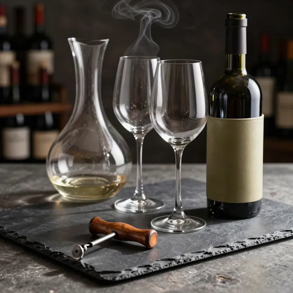 Kit da sommelier su ardesia, con bicchieri, decanter e bottiglia aperta in luce drammatica