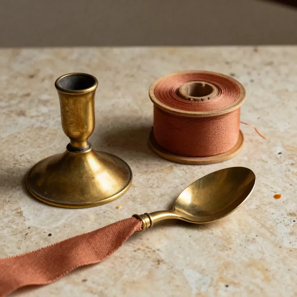 Bruciatore di candela in ottone, rocchetto di nastro e bordo di piatto su travertino e lino.