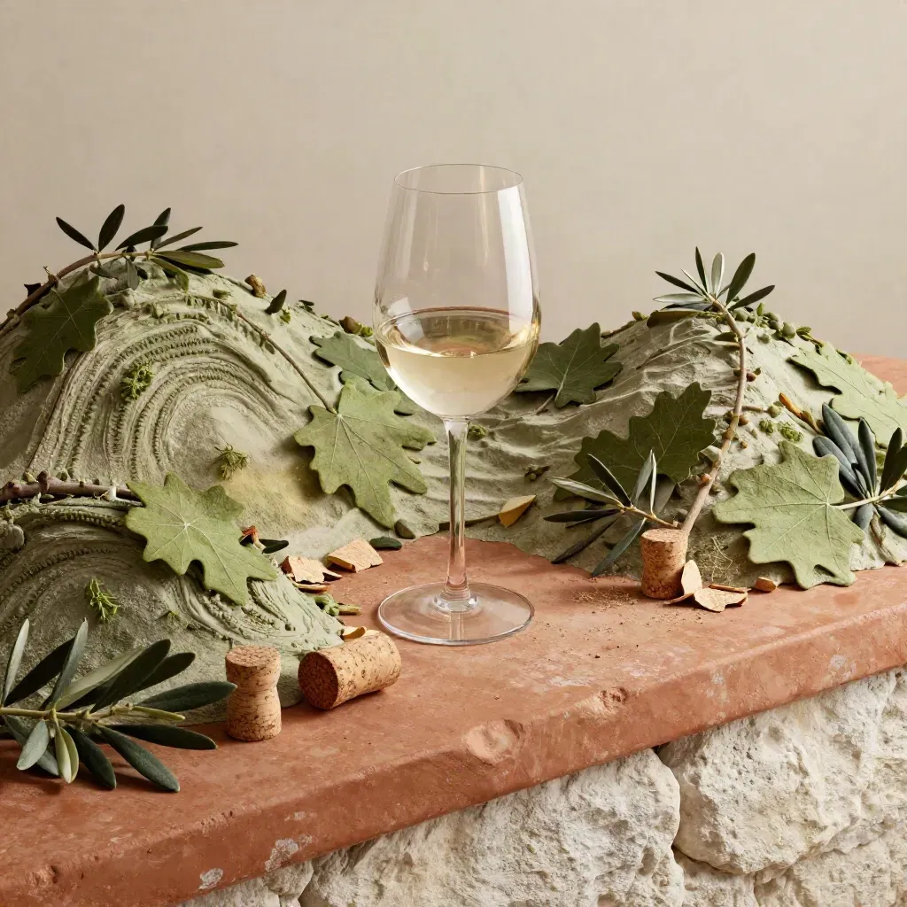 Foglie di olivo e vite con bicchiere da degustazione su pietra rustica.