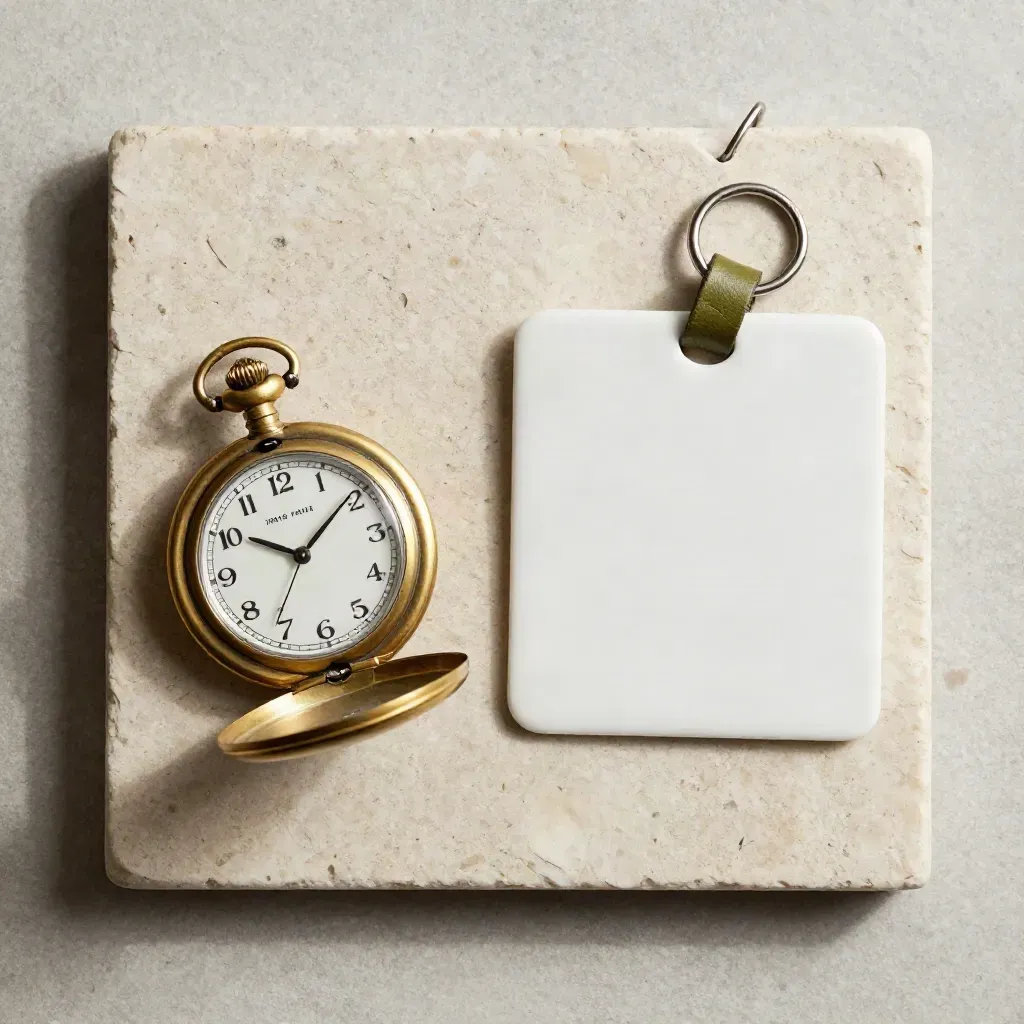 Orologio da tasca, tessera data e portachiavi su pietra chiara, vista dall’alto