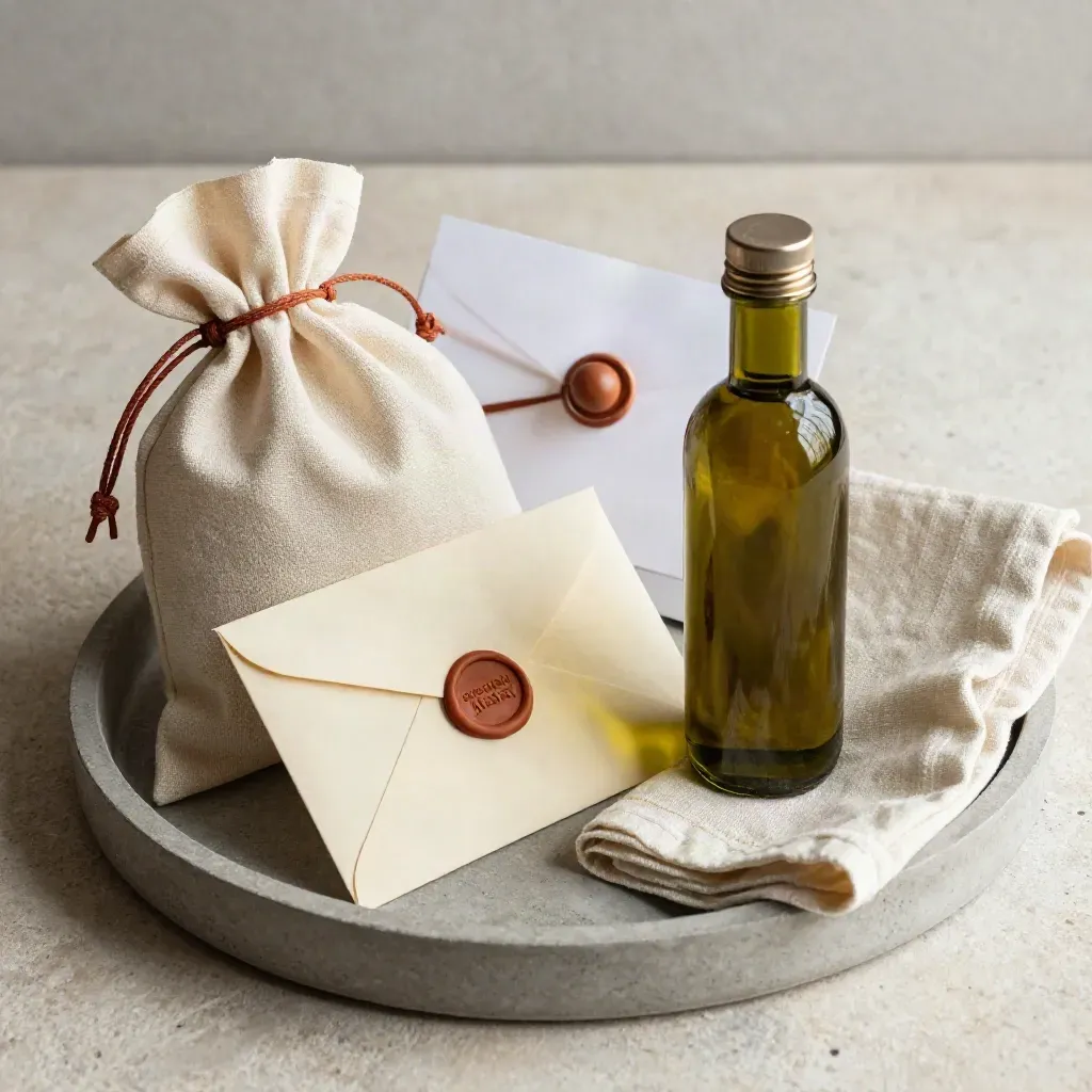 Busta sigillata, sacchetto regalo e collo di bottiglia su vassoio di pietra.