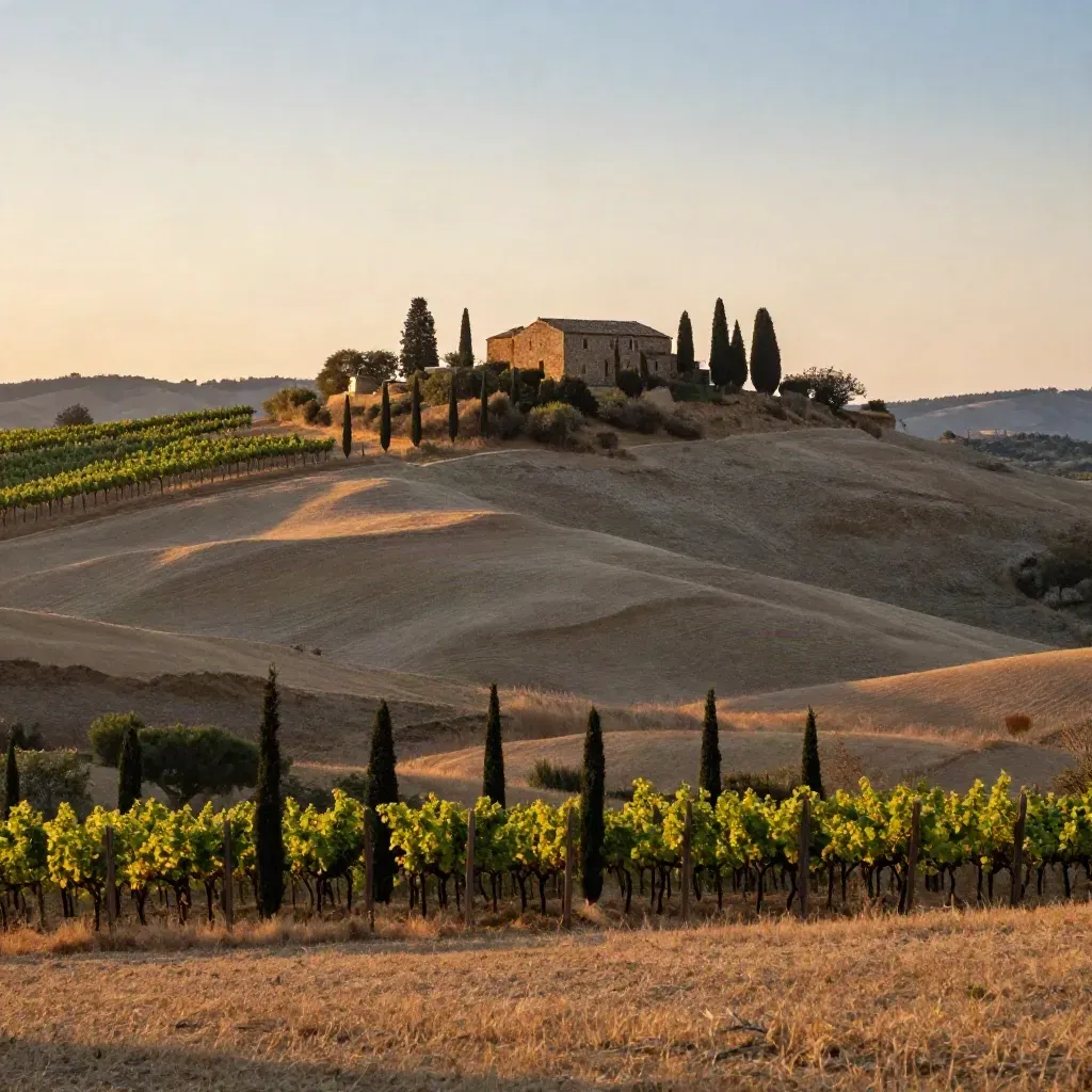 Colline del Chianti al tramonto con cipressi e casolare sulla cresta, valle in foschia calda.