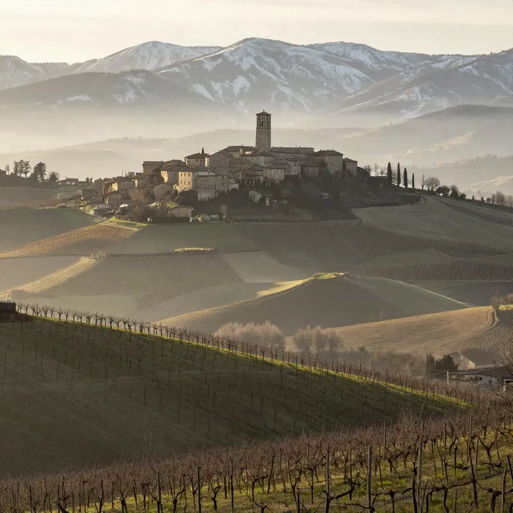 Vigneti delle Langhe con borgo collinare e Alpi velate nella foschia.