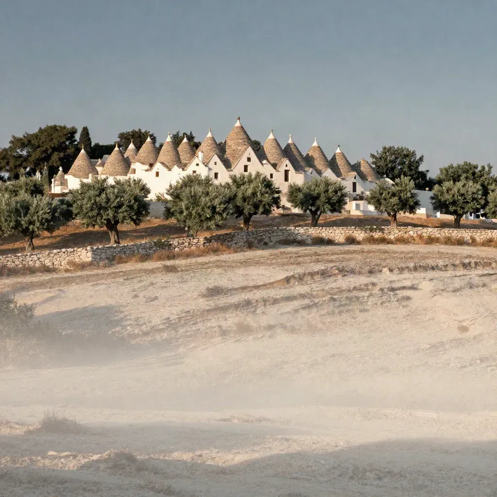 Trulli bianchi e ulivi su una collina chiara della Puglia, con aria calda e muri a secco.